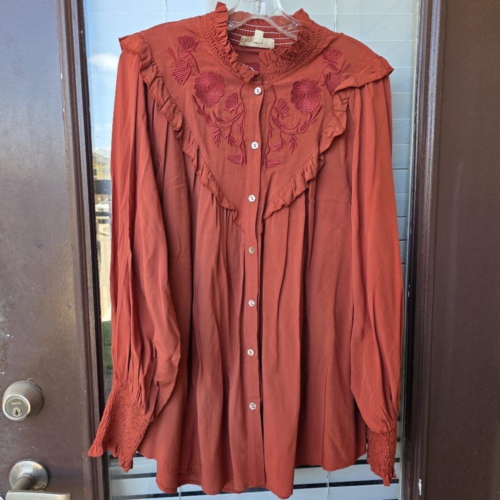 Sz S Listicle Rust Long Sleeves Shirt Embroidery Ruffles Pockets Floral Details - Picture 6 of 12